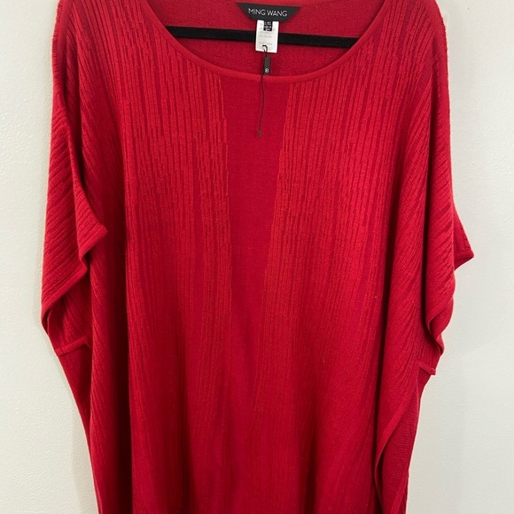 NWT New Ming Wang Red Striped Short Sleeve Cozy Knit Poncho Top Size L/XL - Picture 3 of 11